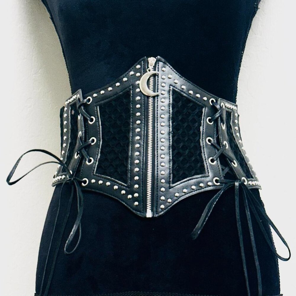 Black goth corset waist belt with silver studs and crescent moon